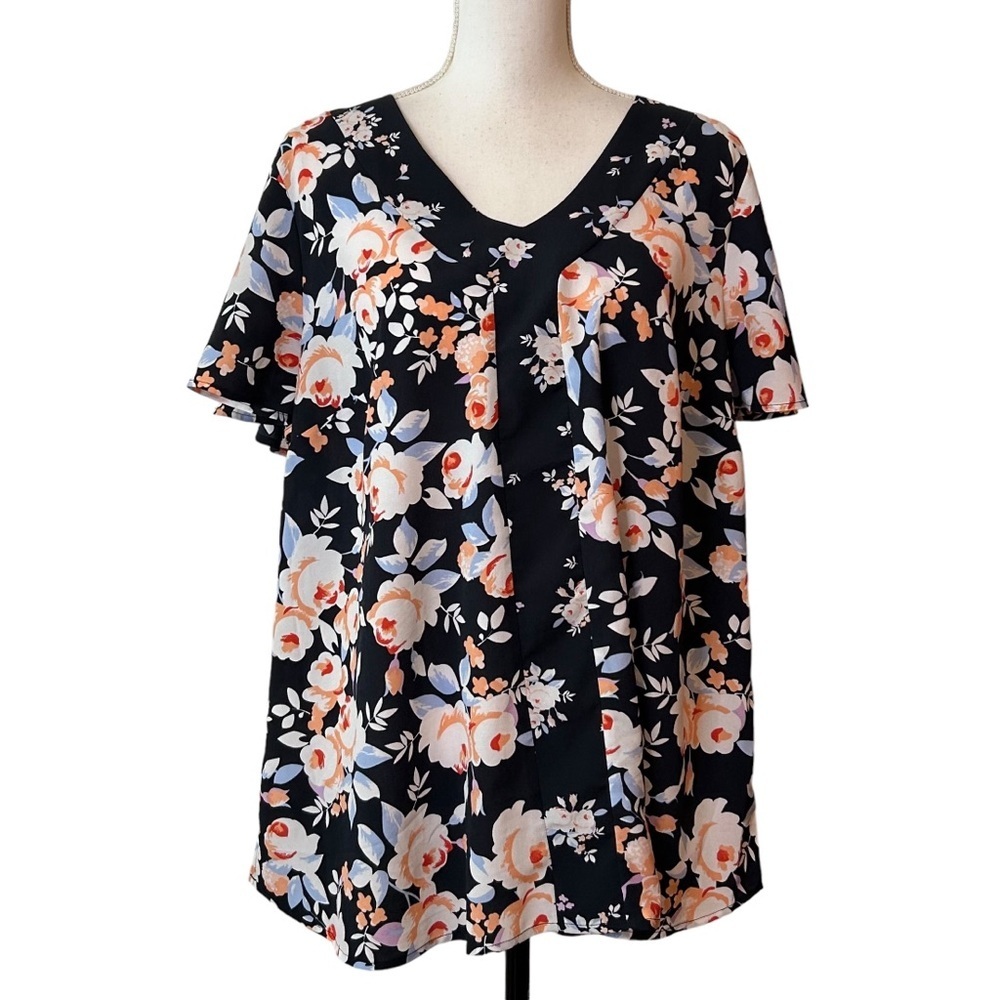 Lane Bryant Short‎ Sleeve Popover Floral Shirt Top Women SZ 14 Navy Multi Casual